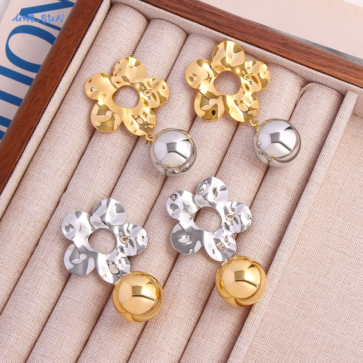 SUNSLL Hammered Flower Stud Earrings With Smooth Ball Pendant Gold Silver Color Luxury Banquet Jewelry Gift For Women Girls