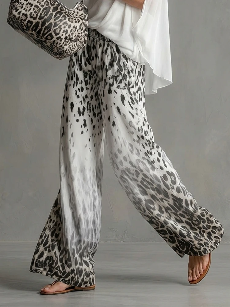 Pantalon Palazzo en Chiffon à Taille Élastique et Imprimé Léopard Aquarelle pour Femme Missuoo, Collection Été 2026, Idéal pour les Vacances Décontractées