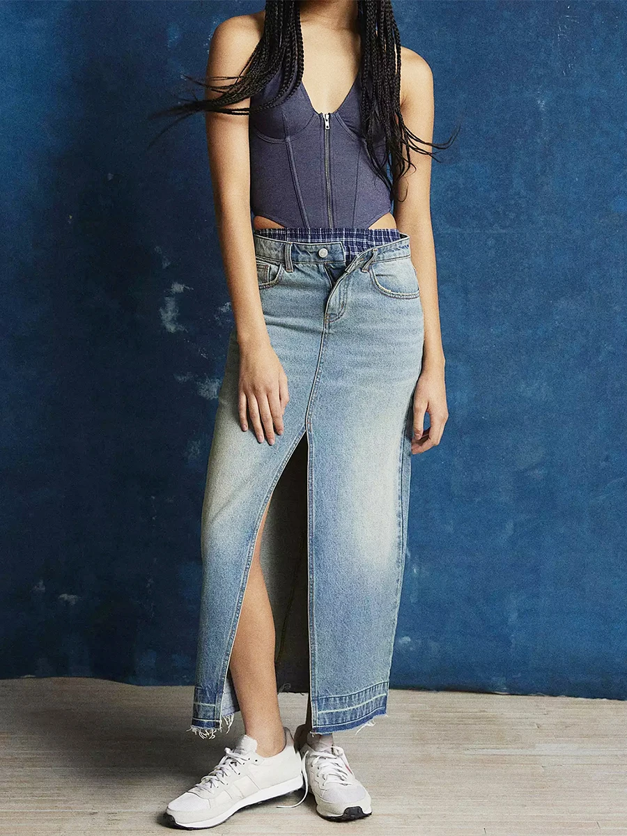 Women s Long Denim Skirts with Slit Vintage Stretchy High Waist Jean Skirt with Pockets Y2k Streetwear