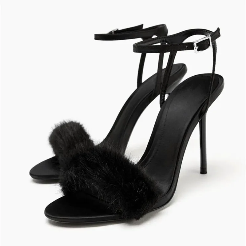 

2026 Novelty Faux Fur Open Toe High Heel Sandals Women Luxury Ankle Strap Buckle Stiletto Designer Shoes Sexy Party Dress Shoes