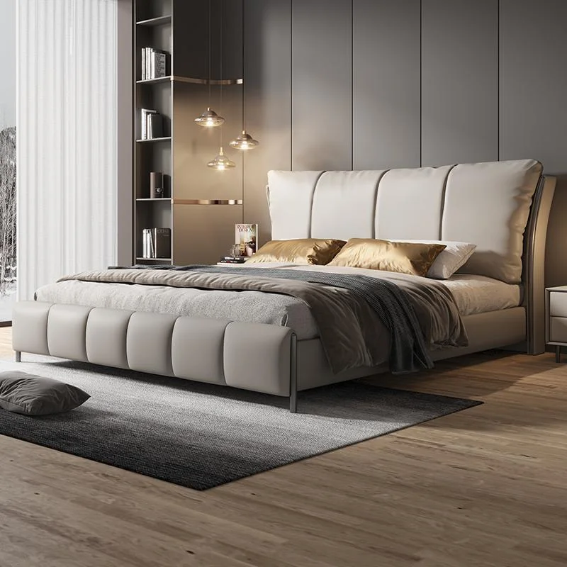 

Custom Best-selling Modern Cream-colored Soft Cushion Genuine Leather Upholstery Wooden Large Double Bed Apartment Furniture