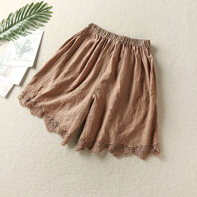 Summer Sweet Lolita Lace Embroidery Hollow Out Cotton Shorts Women Mori Girl Solid Color Elastic Waist Casual Loose Safety Pants
