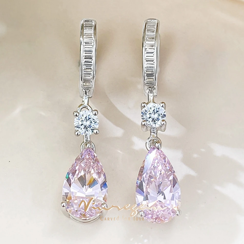 Vinregem 7*12 MM Pear Cut Lab Created Pink Sapphire Gemstone Drop Earrings for Women 100% 925 Sterling Silver Jewelry Wholesale