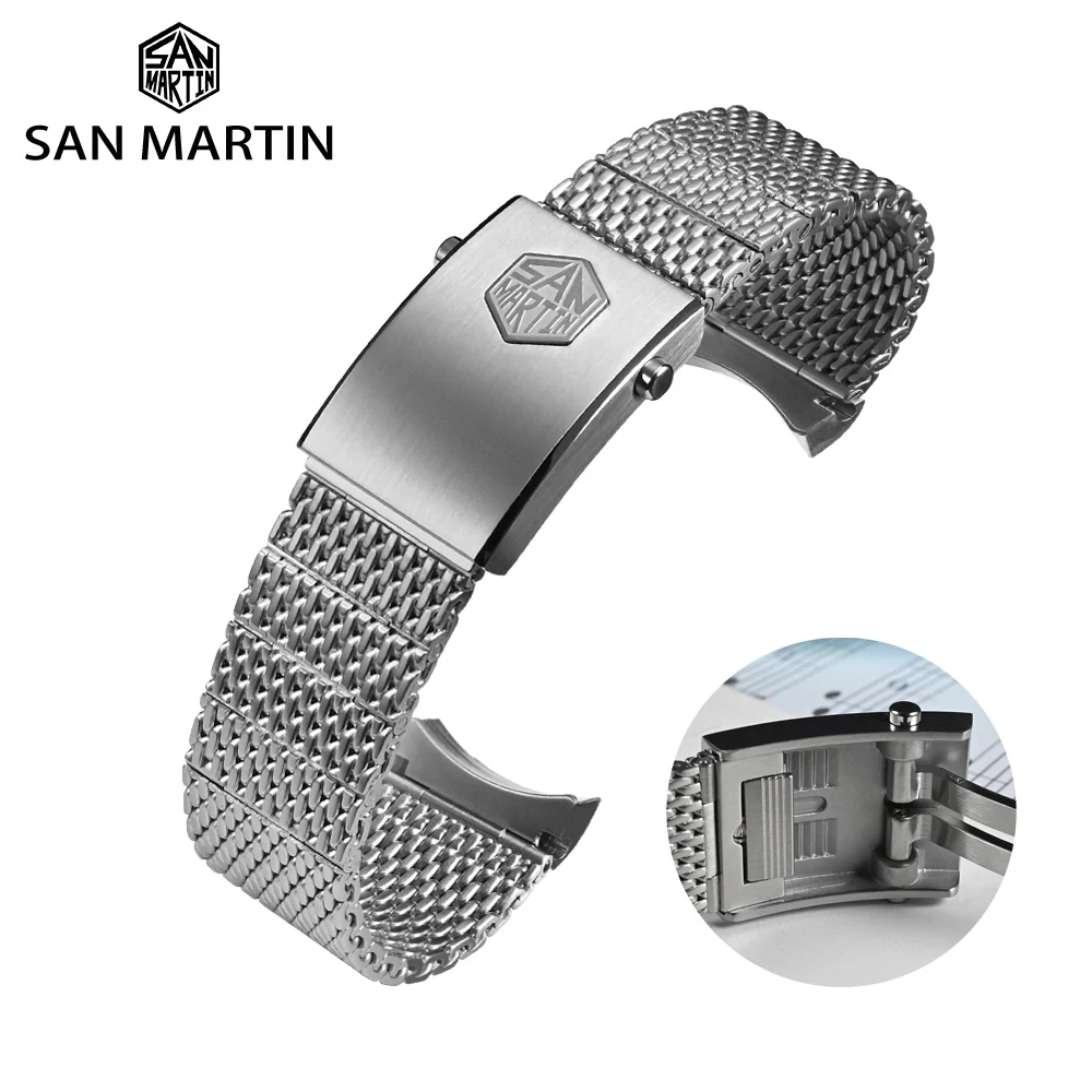 

San Martin Mesh Milanese Bracelet Stainless Steel Watch Parts For 20mm Curved End Links Small Fly Adjustable Clasp For SN0054