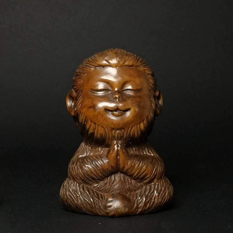 

Height 2.3 inch Old Chinese boxwood hand carved Sun Wukong Handsome Monkey King statue Gift table decoration collection