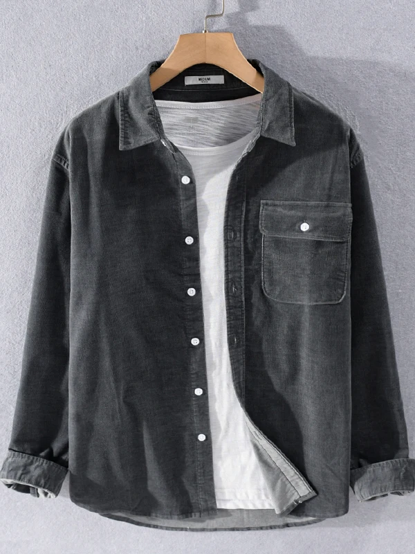 

Retro Hong Kong Sle Men's Long Sve irt Autumn Spring Corduroy Casual Artistic Workwear Outdoor Wearable Pure Color