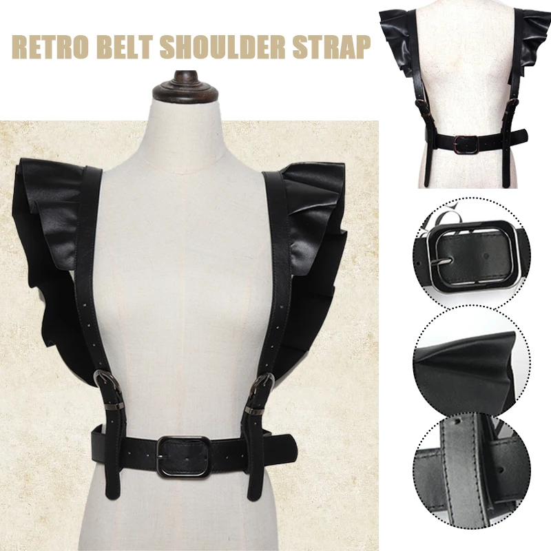 Retro Women PU Leather Body Bondage Sexy Harness Punk Black Buckle Ruffle Split Joint Wide Belt Waistband Garter Belt Straps