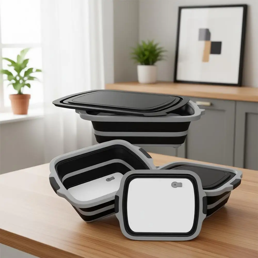 

Набор из 2 складных контейнеров XL для подготовки продуктов к барбекю с разделочной доской, крышкой и ситом - идеально подходят для гриля, копчения и приготовления на открытом воздухе (черный)