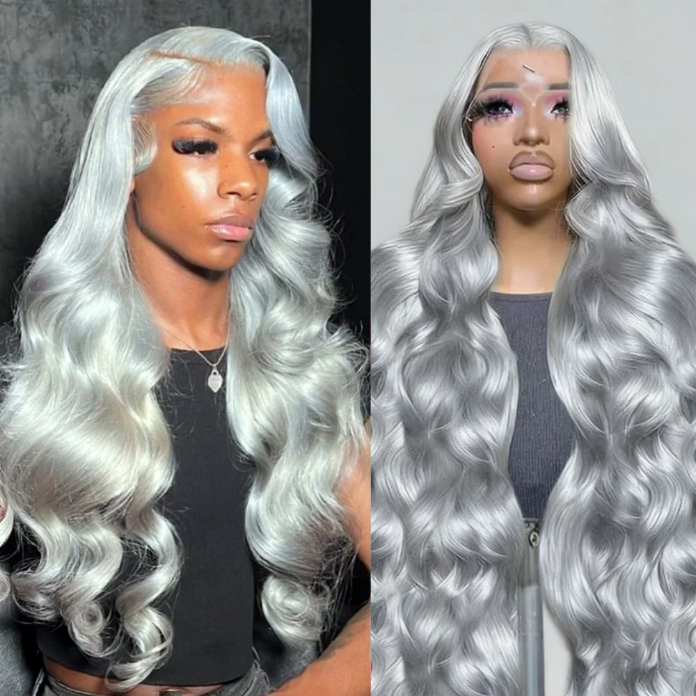 

Парик 13x4 с HD-кружевом, серебристо-серый, без клея, длинный, с волнистыми волосами, прозрачное кружево, предварительно выщипанный, плотность 180%