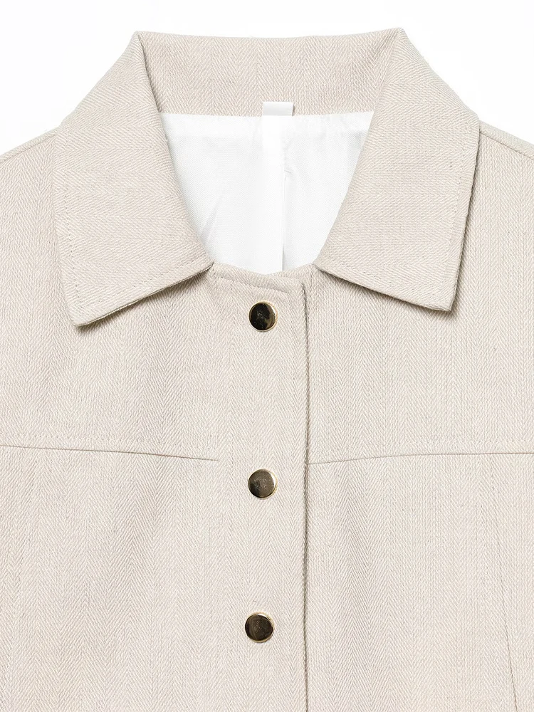 Jaket jahitan lengan panjang bergaya Eropa dengan kerah lapel, cocok untuk segala suasana, dan celana panjang jahitan lurus untuk wanita.