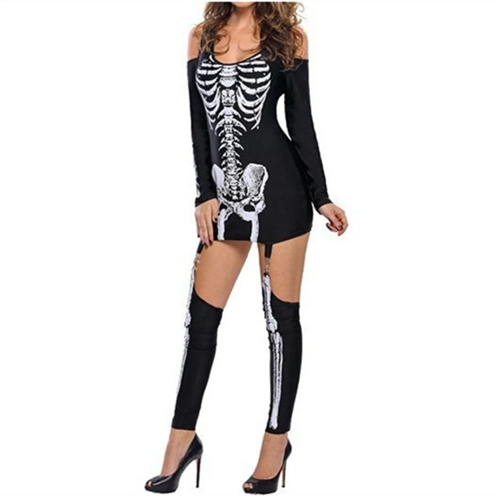 Halloween Costume Skeleton Print Dress Sexy Off Shoulder Masquerade Dresses Cute Round Neck Long Sleeve Dress Suit Women