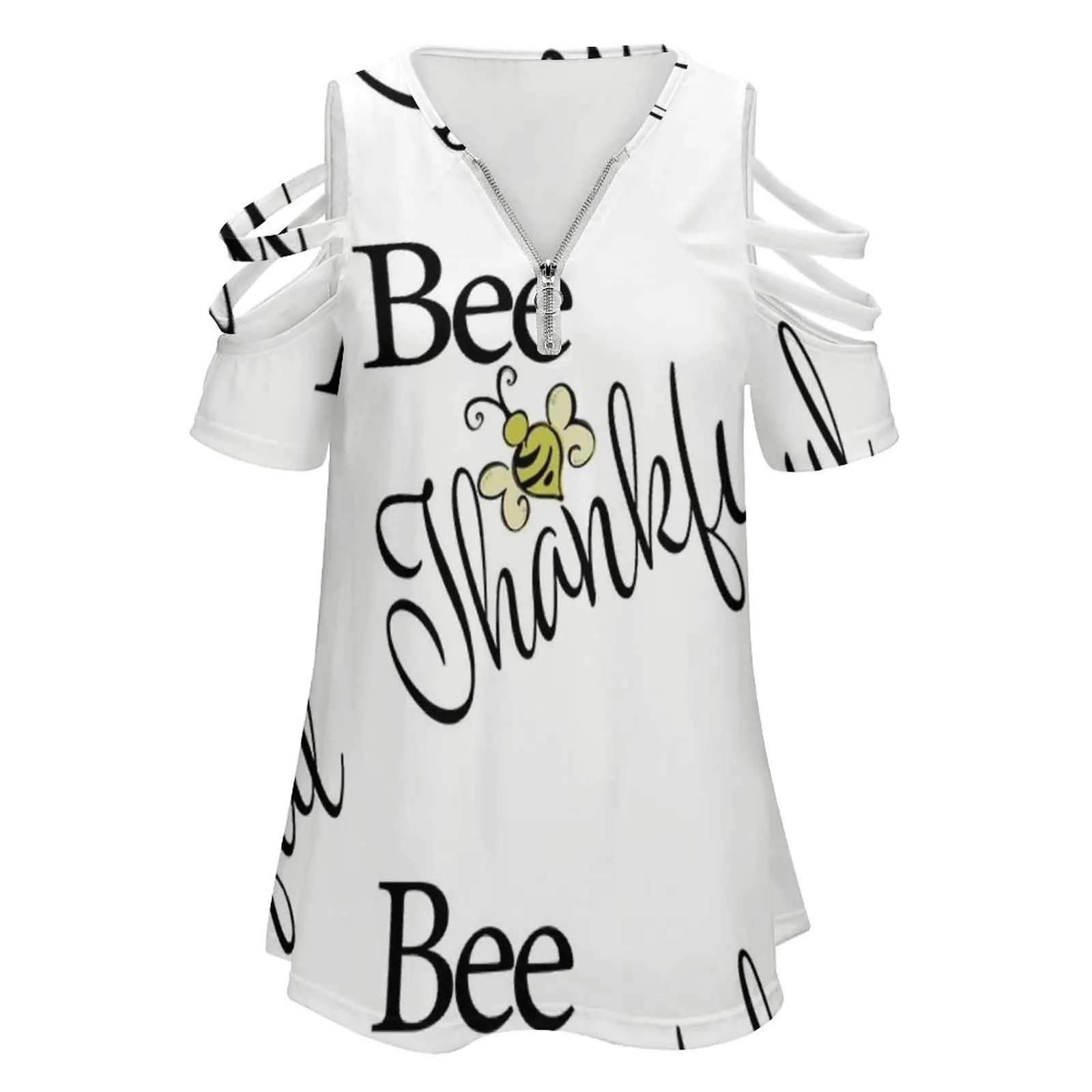 Bee Thankful Women's T-Shirt Summer Fashion Print Floral V-Neck Zipper Tshirt Hollow Pullover Ladies Top Bee Thankful Thankful