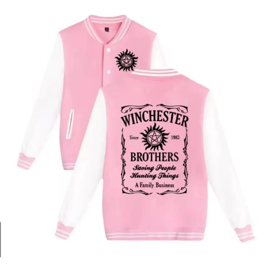 

TV show Supernatural merch Baseball Uniform Bomber Jacket Women Men Streetwear Hip Hop Long Sleeve Fleece Pink Hoodie Sweatshirt