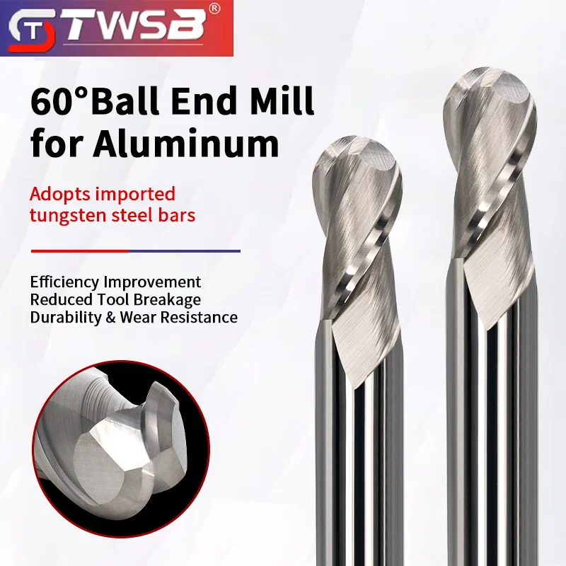 

HRC55 сферическая концевая фреза для алюминия, 2 канавки, фреза из карбида вольфрама, фреза с ЧПУ, фрезерные инструменты