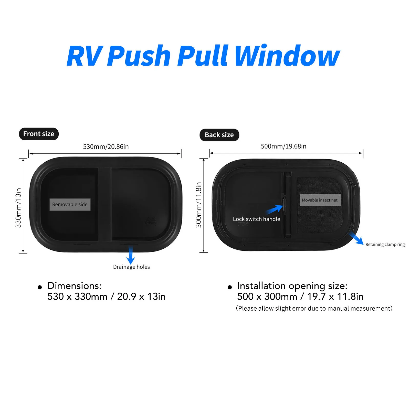 Motorhome Window RV Sliding Window L500 H300mm Tempered Glass UV Window Insect Screen for Trailer RV Sliding Window