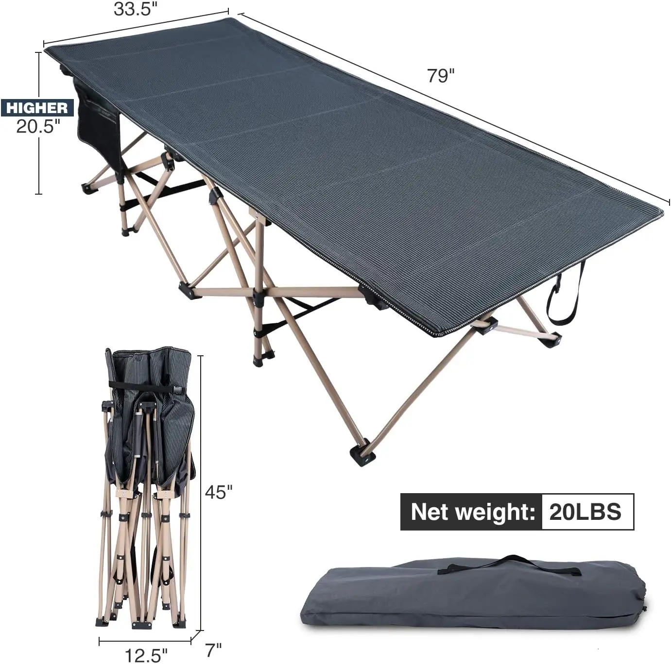 Oversized Camping Cots for Adults 500lbs, 33.5'' Extra Wide Tall Sleeping Cots Heavy Duty, XL Cots Portable for Outdoor