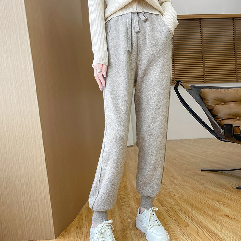 2024 autumn and winter new women's pants 100% wool knitted wool pants hot selling Korean version slim fit women's pants