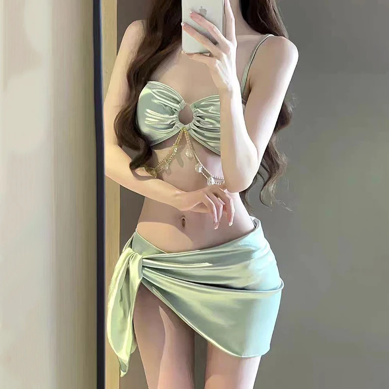 بدلة سباحة نسائية من الحرير الجليدي بيكيني مثير بحواف هامشية للتخسيس قطعة واحدة بدلة استحمام صيف 2025 Instagram Beachwear فستان للإجازات #5