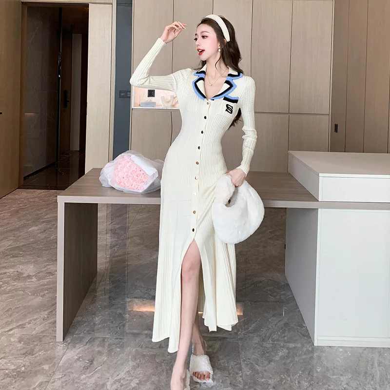 

Knitting Sweater Dress Polo Collar Ankle-length Long Dress Autumn and Winter New Long Sleeve White Dresses for Women Classy