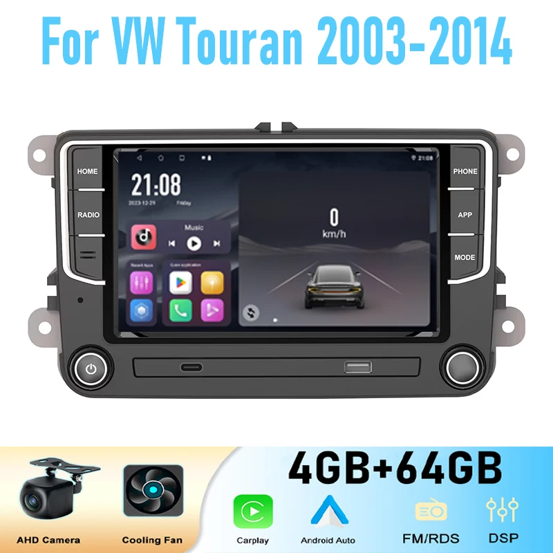 

7'' For VW Touran 2003-2014 Car Stereo Radio Wireless Apple Carplay GPS BT Android 15 Auto Head Unit Camera WIFI 4-64GB