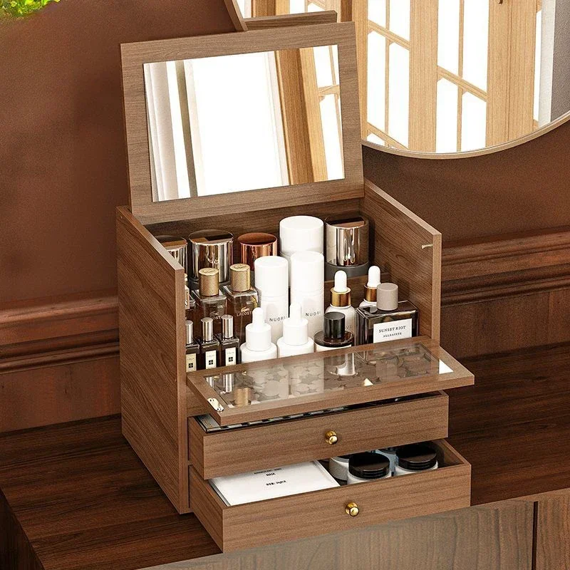

Wooden makeup vanities table with mirror, skin care products desktop storage box for bedroom