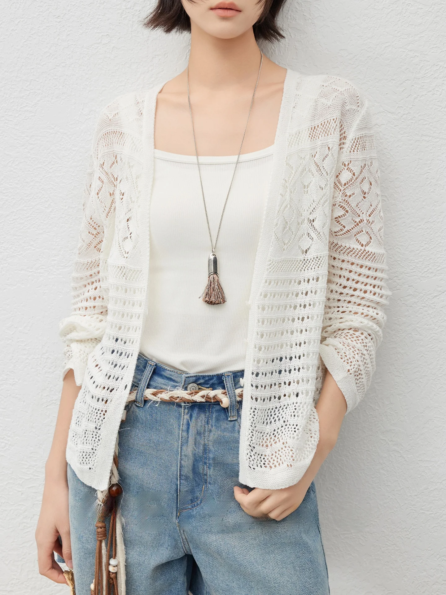 MeiYang Floral Embroidered Linen Cotton Knitted Open Cardigan Hollow out Long Sve V-Ne Loose Fit Regular Length Top