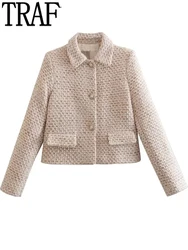 TRAF-Blazer court à carreaux pour femme, veste en tweed court, manches longues, blazer décontracté de bureau pour femme, manteau d'hiver élégant, 2022