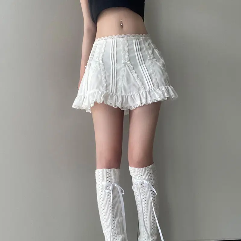 Mini Skirt Bow Lace Patchwork Solid Cute A-Line Streetwear Loose White Basic Skirts Women Outfits Y2k Versatile Short Skirt