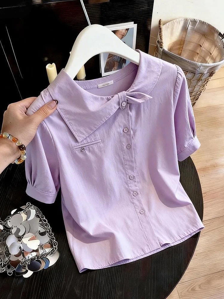 

Fashionable Purple Asymmetric Collar Commute Short Sleeve Women's Shirt 2026 Summer New Style Versatile Top Quality Material