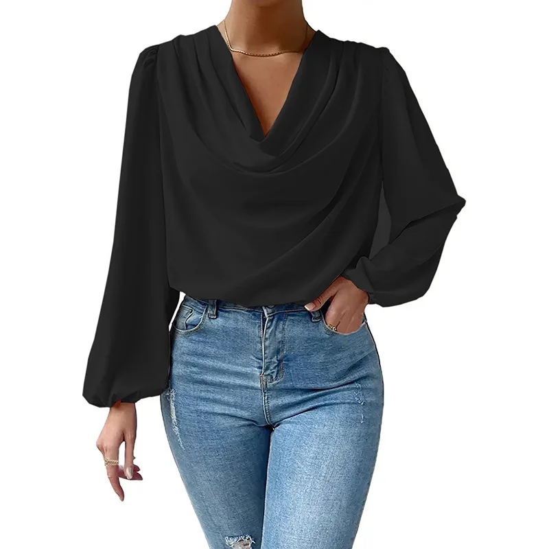 2024 new European and American chiffon long sleeved shirt, loose hanging pleated V-neck top T-shirt, women's clothing