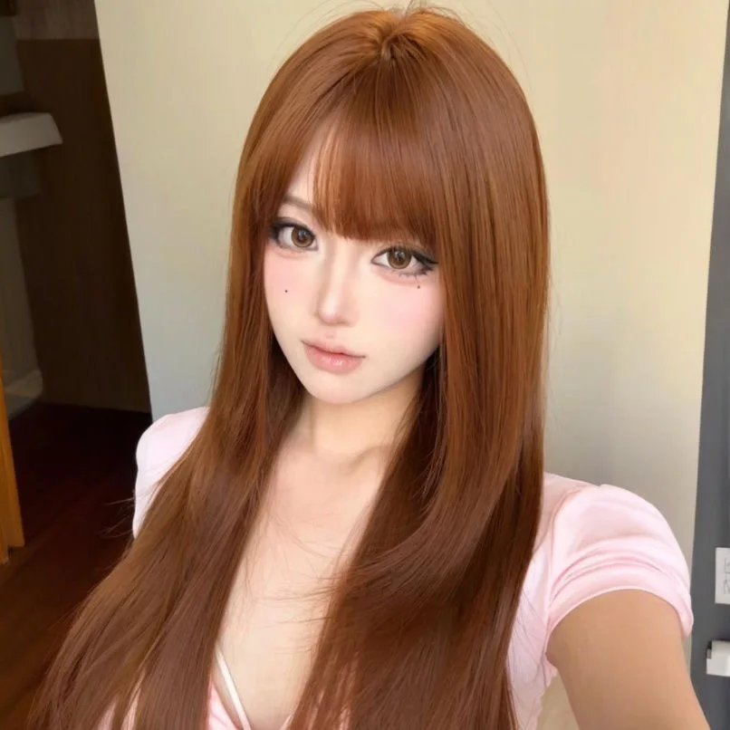 

Synthetic Wig [Honey Orange] Women's Orange Brown High Layered Vintage Japanese Style Bangs Long Straight Hair Full Wig