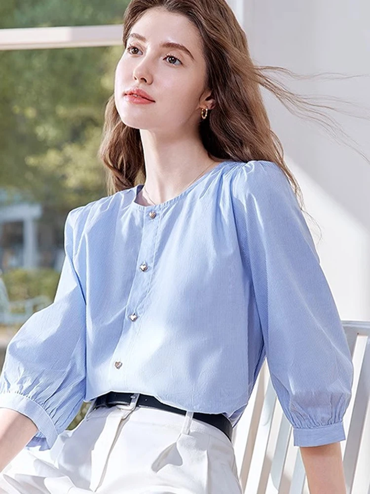 Casual round Ne irt Women's Single Button Seven Sve Simple Summer Faion Ele Design Sense irt Korean Sle Loos...