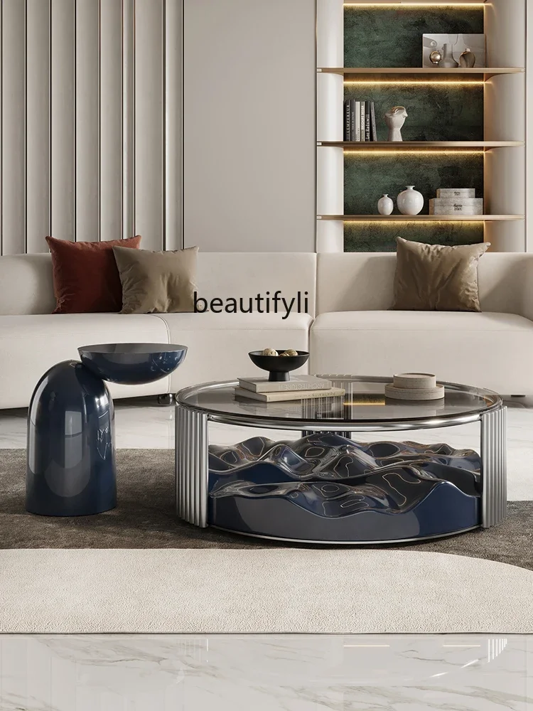 Italian minimalist stainless steelcoffee table light luxury glass fiber reinforced plastic paint coffee table combination modern