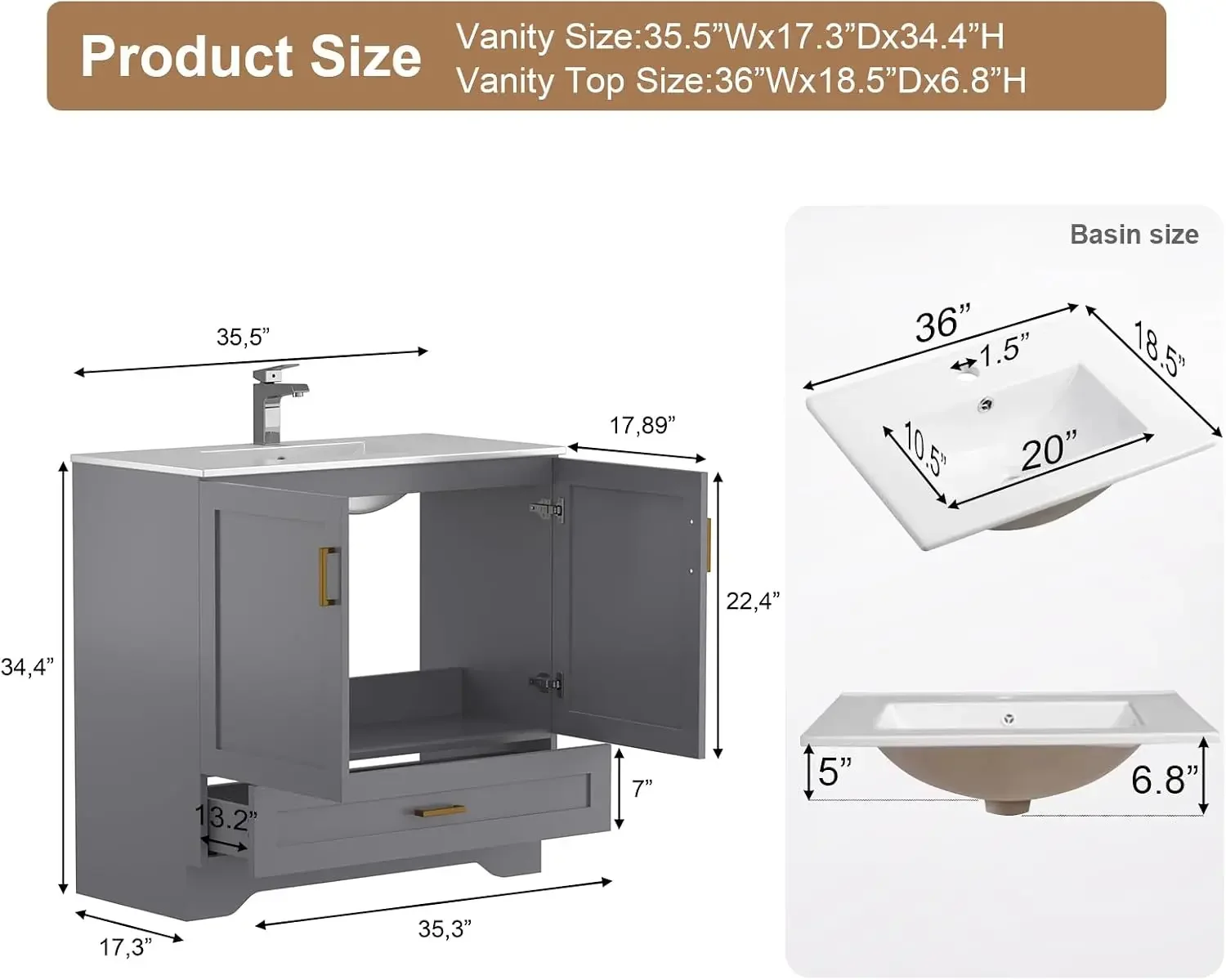 36 inch Bathroom Vanity with Sink, Modern Grey Vanity for Bathroom with Undermount Ceramic Sink, Freestanding 2-Door & 1-Drawer