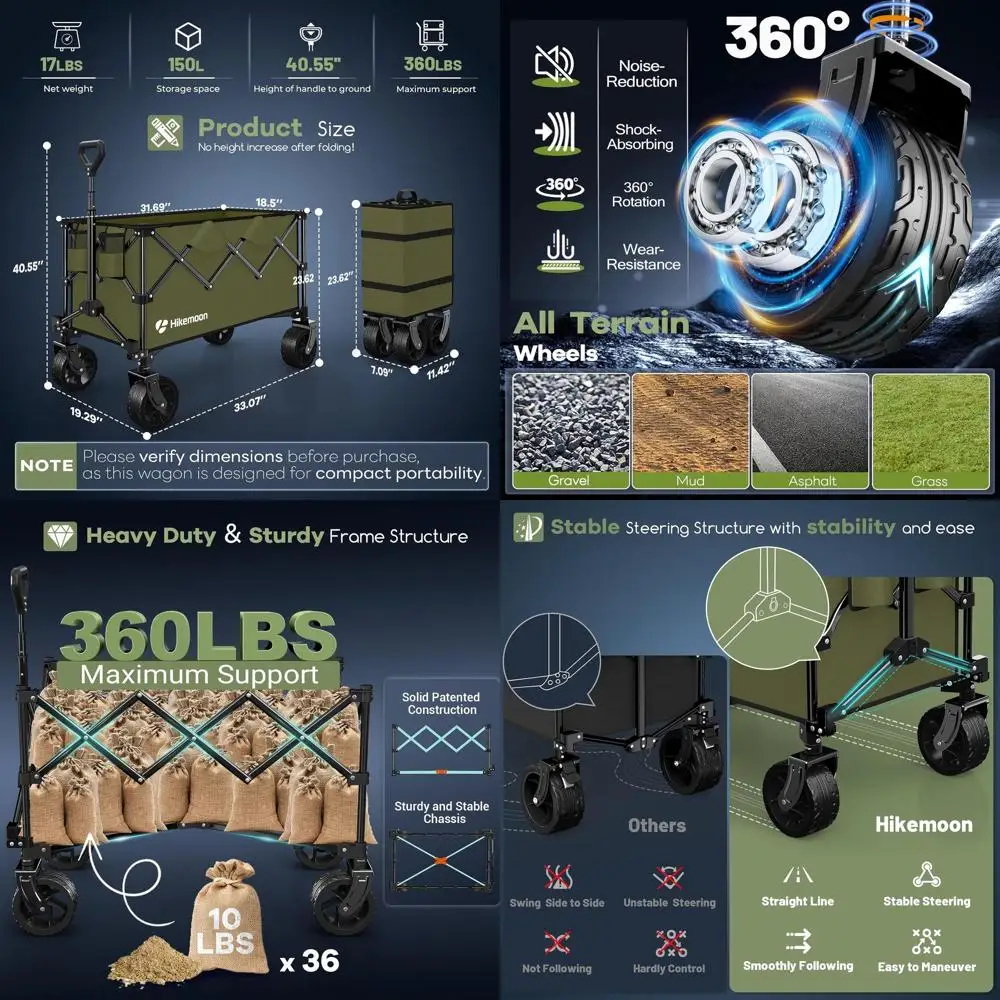 

Collapsible Utility Wagon with 150L Capacity and 360lbs Load, All-Terrain Folding Cart for Outdoor Activities and Shopping.