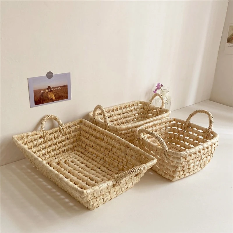 Ins Straw-woven Storage Basket Simple Snack Fruit Storage Basket Desktop Sundries Organizer Cosmetic Organizer Toys Container