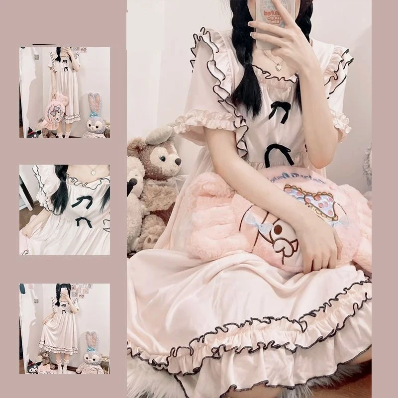 

Женская розовая ночная рубашка в стиле Лолиты — черное платье миди с рюшами и бантом, милая милая кавайная одежда для сна свободного кроя на весну и лето