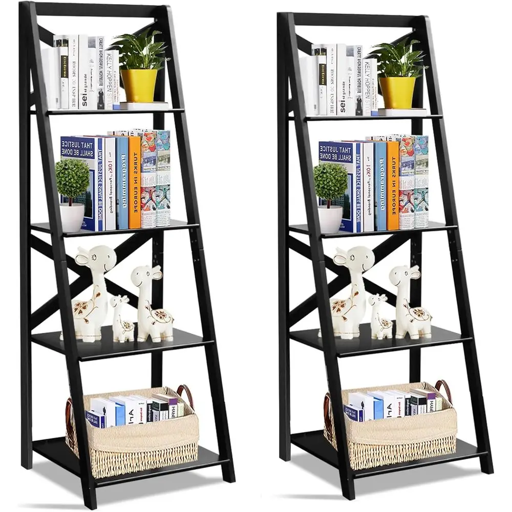 

4-Tier Wooden Leaning Bookshelf, Plant Display Stand, Living Room/Bedroom Storage Organizer (2, Black)