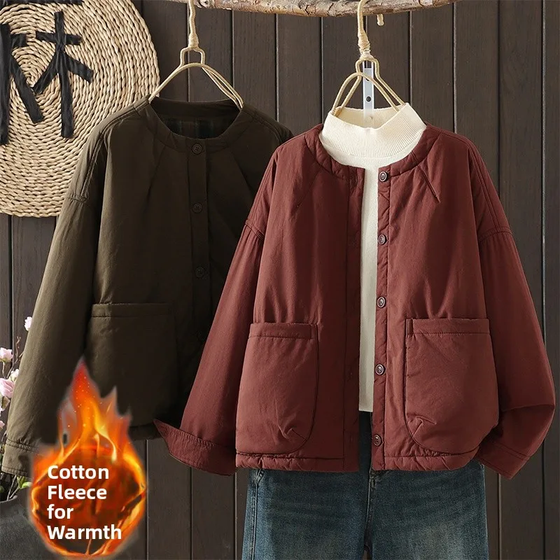 

Ретро-куртка из утолщенного хлопка для женщин: теплая хлопковая одежда с большими карманами, однотонная, с круглым вырезом, модная