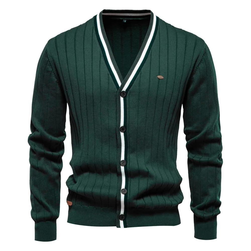 

V Neck Striped Men Sweater Single Breasted Cardigan Buttons Spliced Loose Casual Basics 2025 Autumn Jumpers Slight Strech