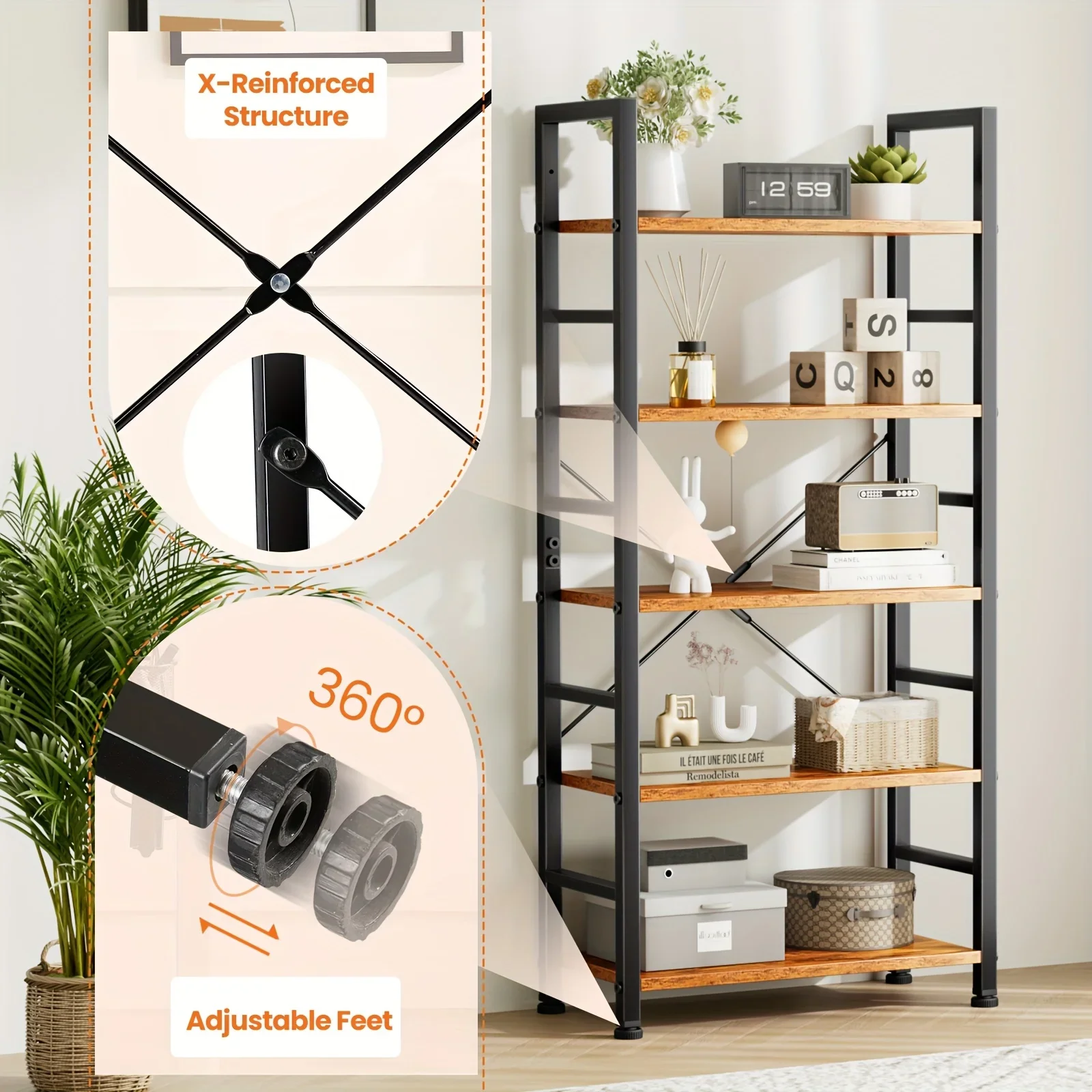 

5-Tier Industrial Bookshelf Tower - Spacious CD/DVD/Book Organizer - Classically Modern Design for Home Office, Living Room