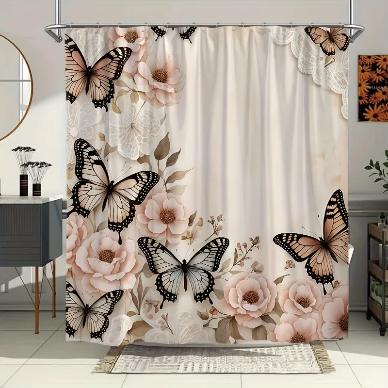 

elegant butterfly and floral shower curtain for bathroom waterproof moisture proof privacy protection vintage design soft