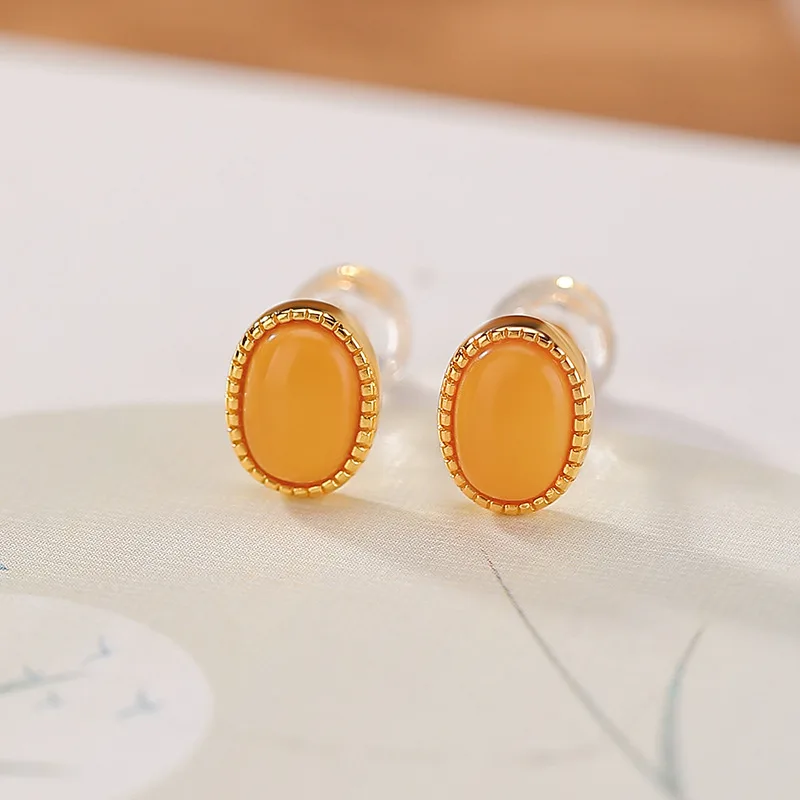 

S925 Sterling Gold-Plated Amber Geometric Surface Elegant Silver Stud Earrings Jewelry