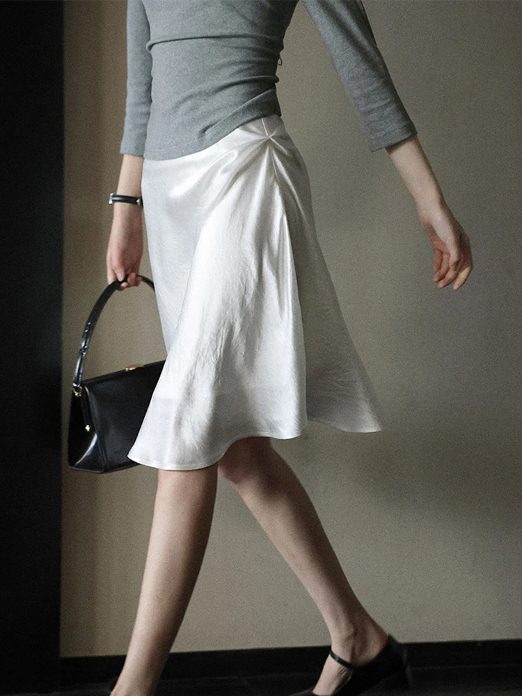

Elegant Draped Asymmetrical Fish Tail Skirt Women's High Waist Straight Cut Midi Skirt Trendy Summer White Half Body Skirt