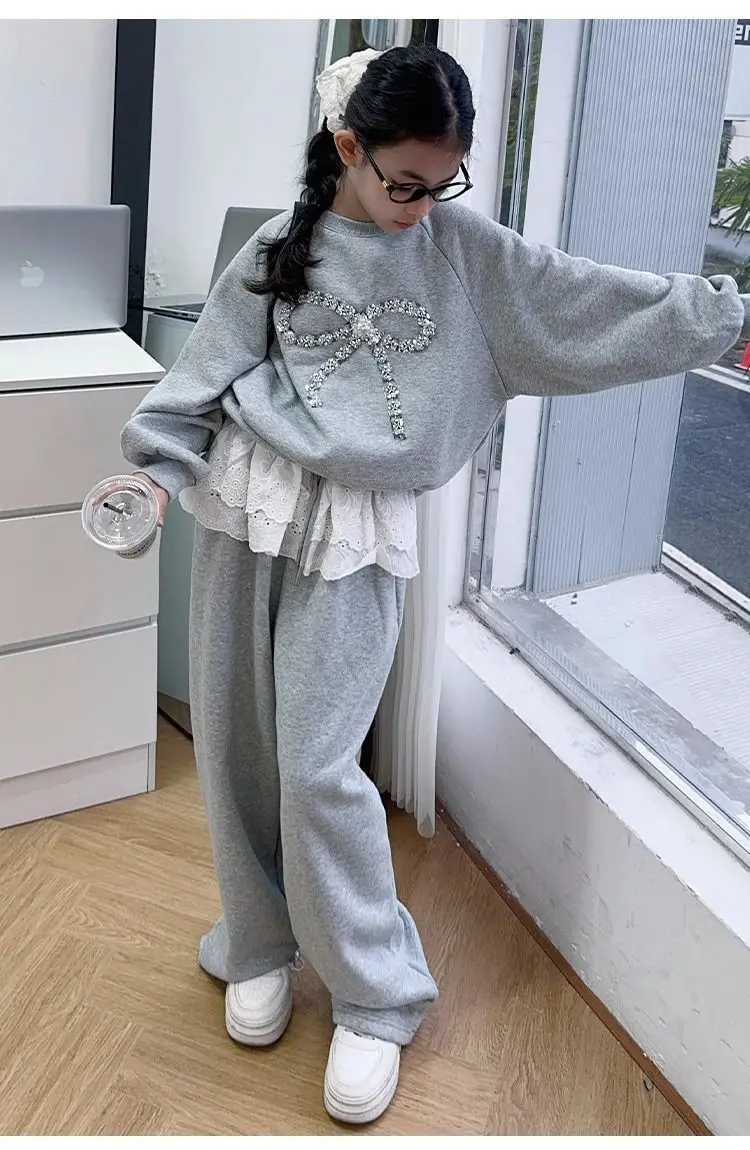 2025 الخريف الشتاء فتاة القماش الدب الدانتيل فضفاض القوس البلوز تي شيرت أعلى + واسعة الساق بانت المراهقين الطفل مجموعة 4 10 12 15 سنة #3