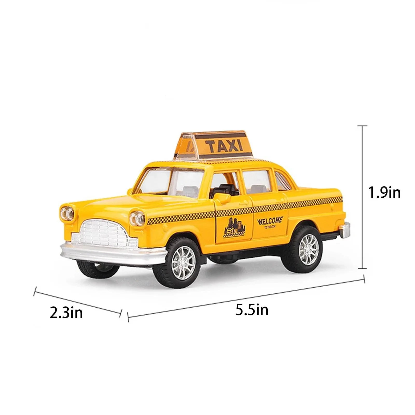 1:32 Taxi-Modellauto aus Druckgusslegierung mit Licht und Ton, gelbes Kabinenspielzeug zurückziehbar, Doppeltür, Sammlergeschenk für Kinder, Jungen und Mädchen