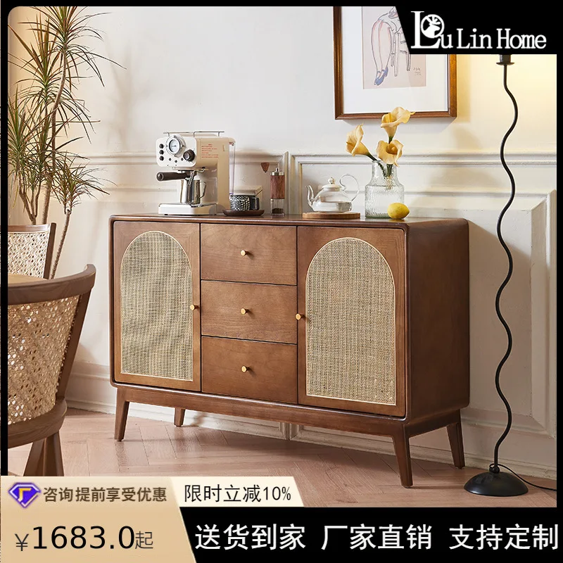 Japanese-style rattan solid wood dining side cabinet, household living room, wabi-**** wind storage, bed and breakfast, double-d