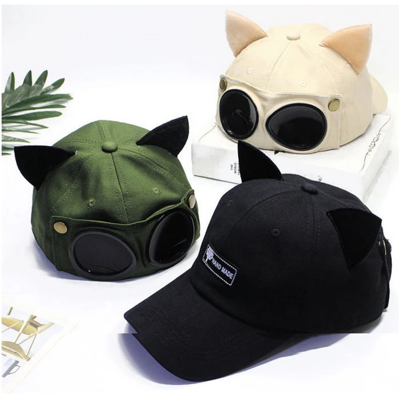 Cute Cat Ears Baseball cap Pilot Goggles Hip Hop Cap for girls Women Men‘winter hat funny friend gathering Costume