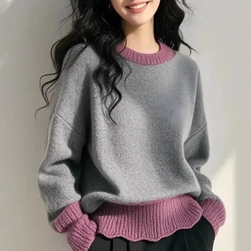 

Korean All Match Fashion Sweater Gray Loose Ruffle Thick Knit Fashion Popularity Women's Autumn and Winter Tops