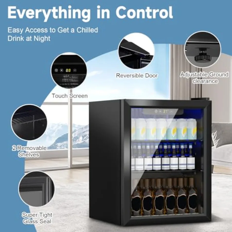 1.6 Cu.Ft Mini Fridge for 70 Cans Small Beverage Refrigerator with Glass Door Adjustable Shelves Digital Display Compact Drink